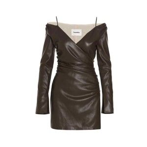 NANUSHKA Nanushka Moha Dress Faux Leather Wrap Brown Button Fit Mini V neck XS